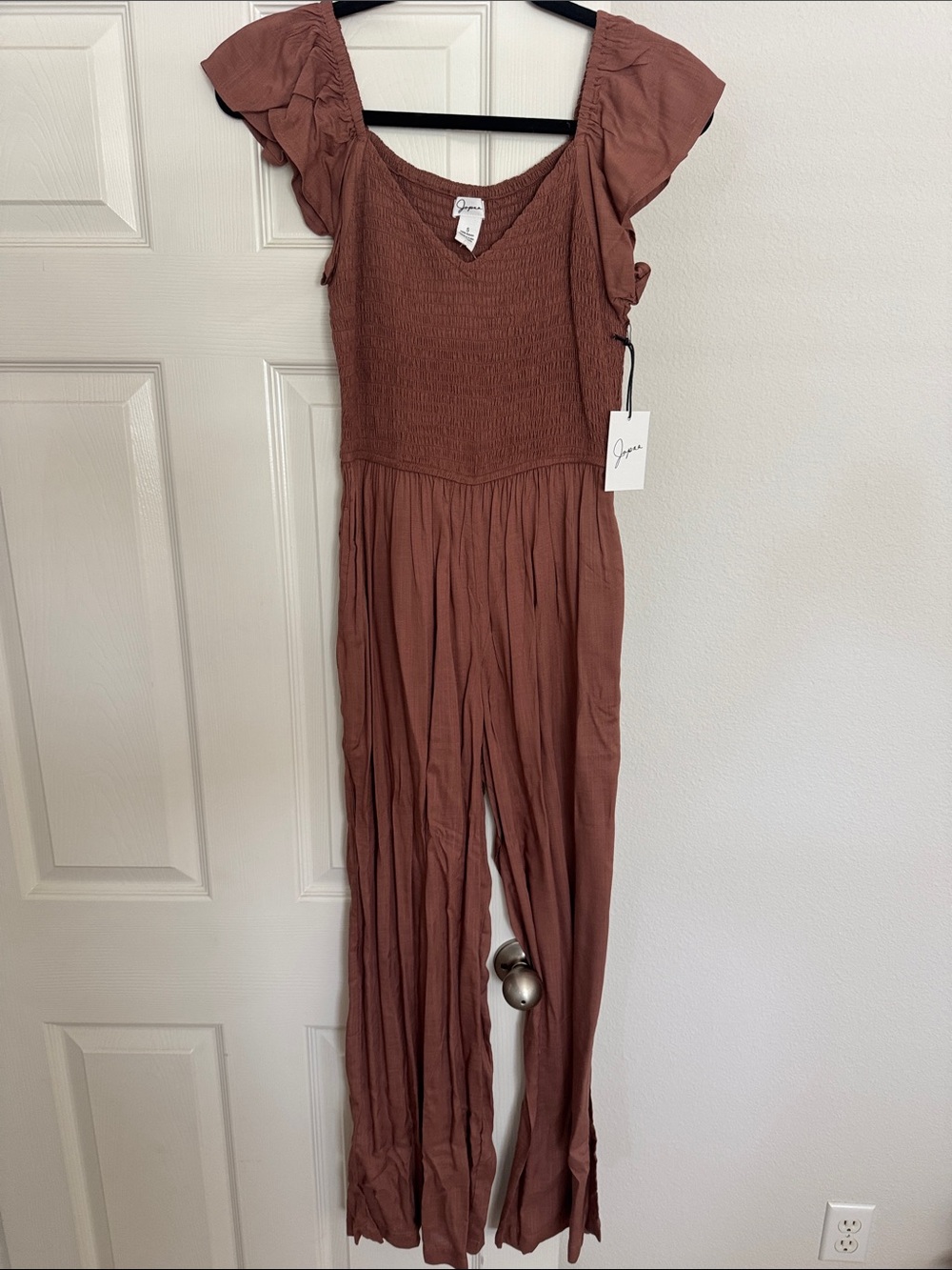 Japna Rust Smocked Jumpsuit with Flutter Sleeves